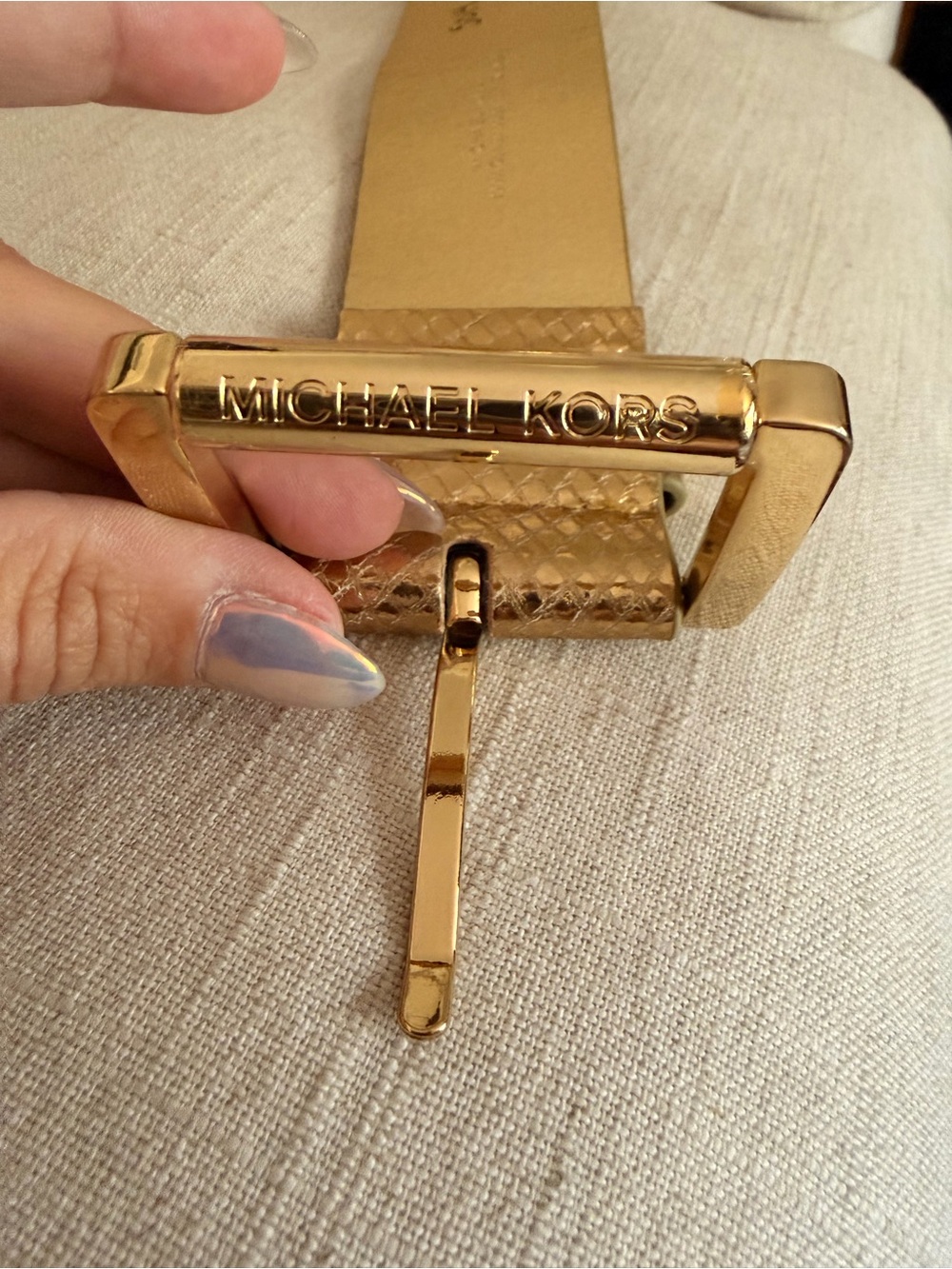 Michael Kors Gold Textured Leather Belt with Logo Buckle